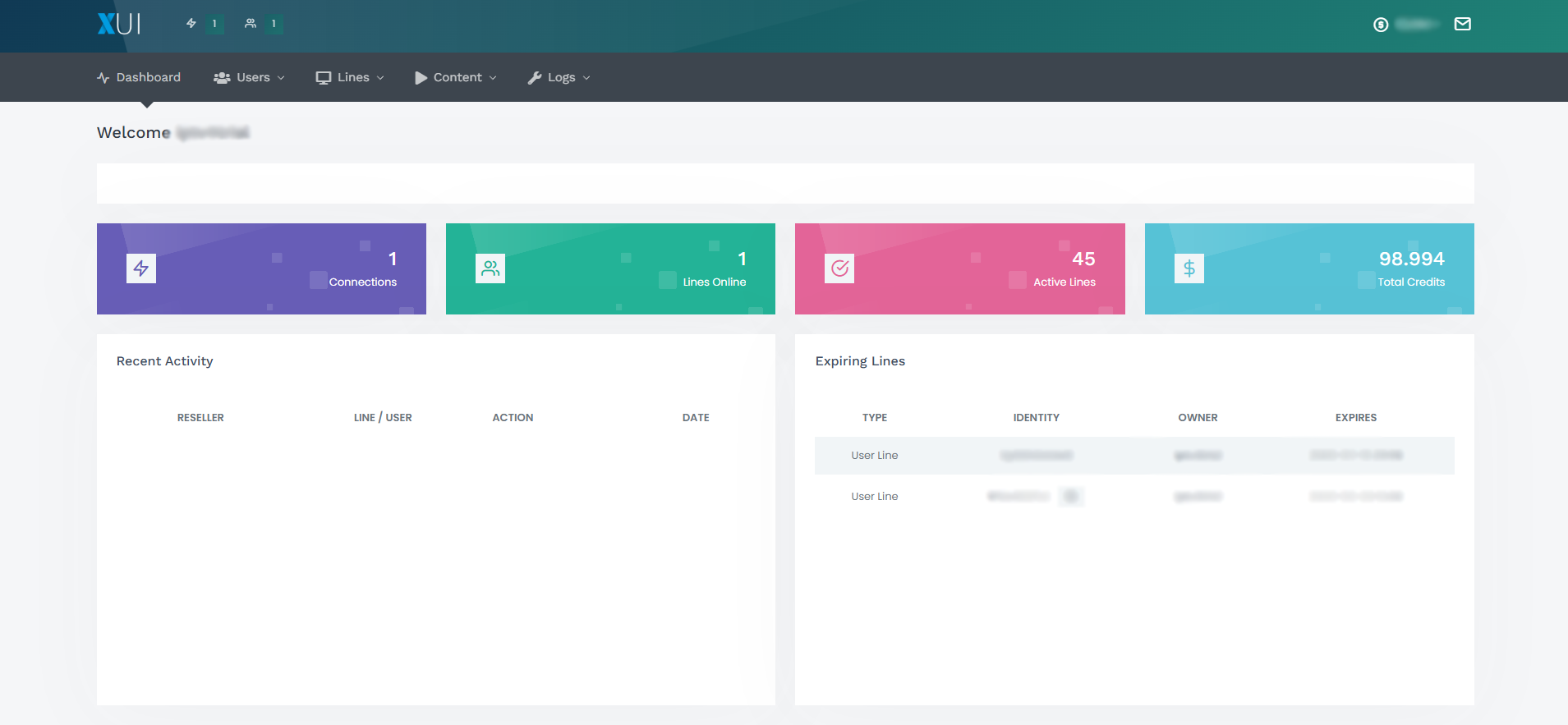XUI ONE dashboard overview